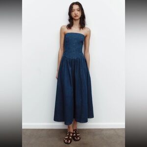 Zara Strapless Dark Blue Denim Midi Dress